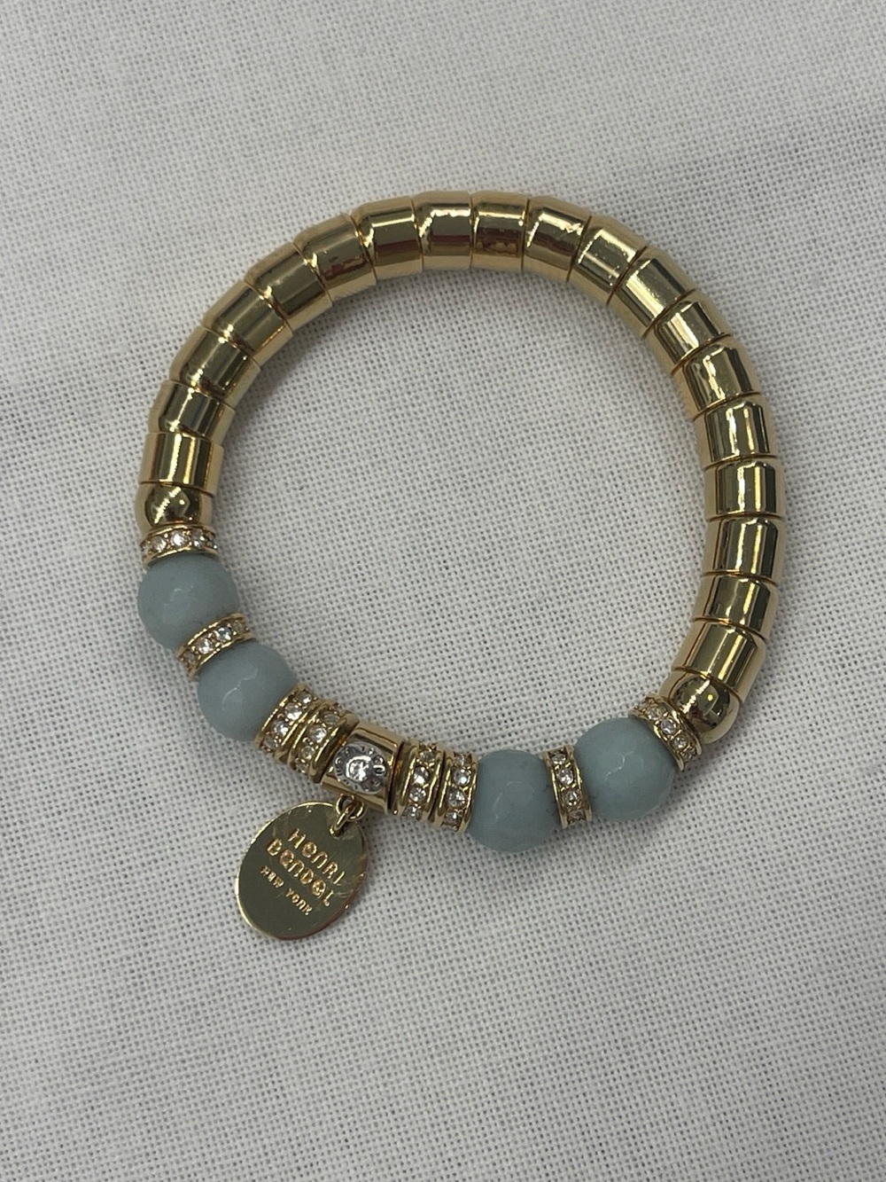 henri bendel Gold Bracelet with Pale Green Beads and Crystal Accents